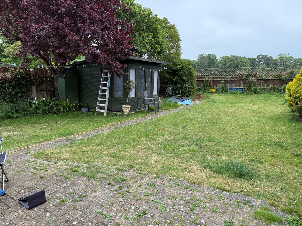 Lot: 137 - BUNGALOW WITH POTENTIAL IN FAVOURED LOCATION - Rear garden with shed and lawn